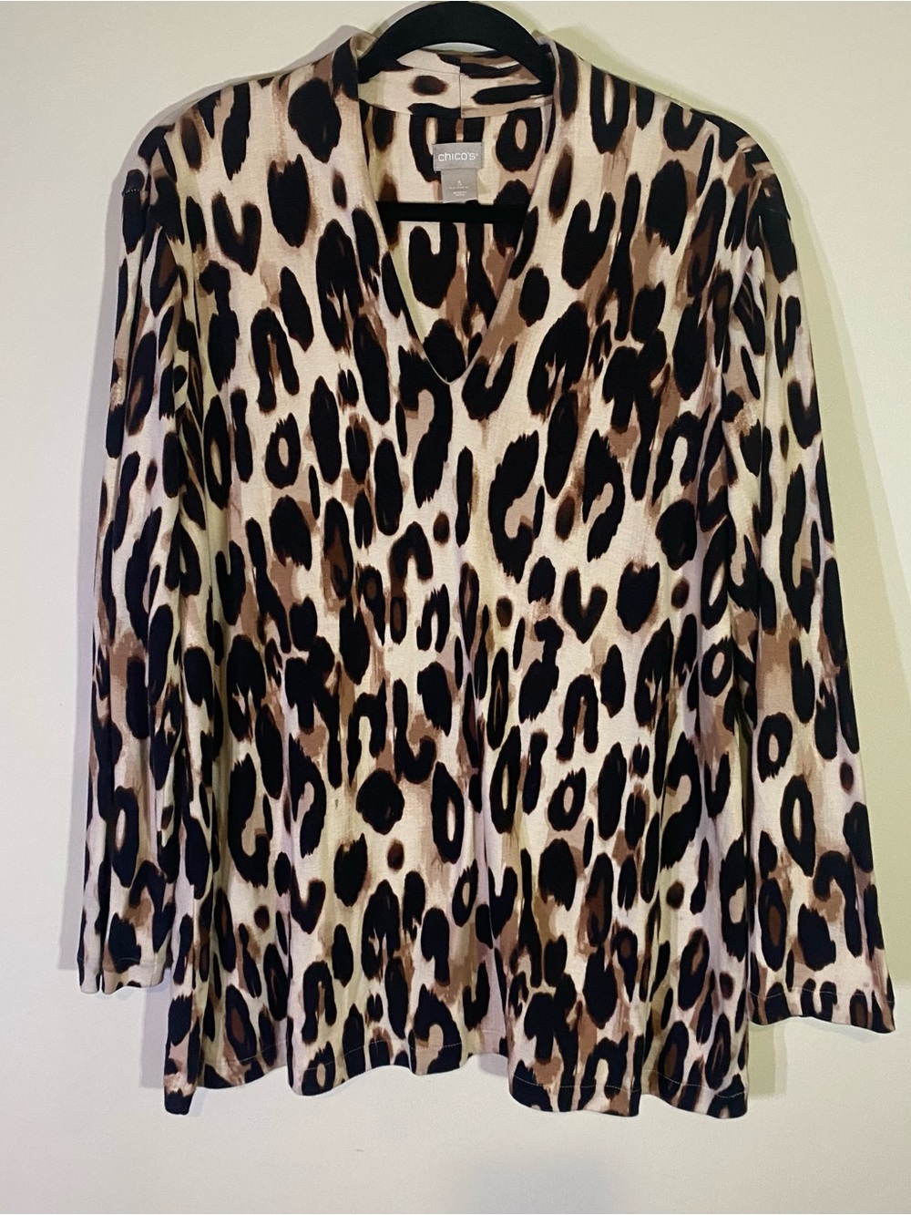 Chico's Leopard Print V-Neck Long Sleeve Top in Brown and Black